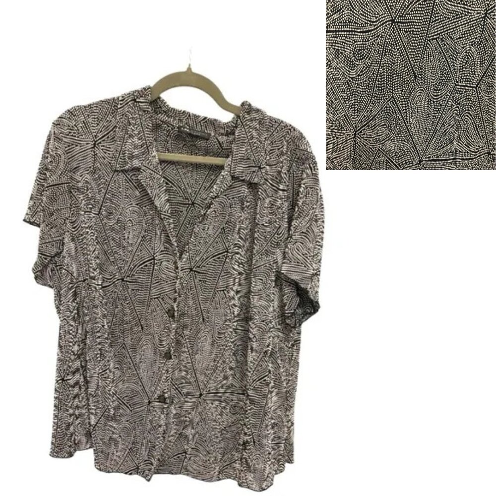 I.N. Studio Black Gray Abstract Button Down Blouse Short Sleeve Career Size 18